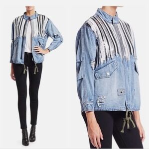 Scripted Embellished Anorak Oversized Distressed Cotton Jean Denim Jacket XS
